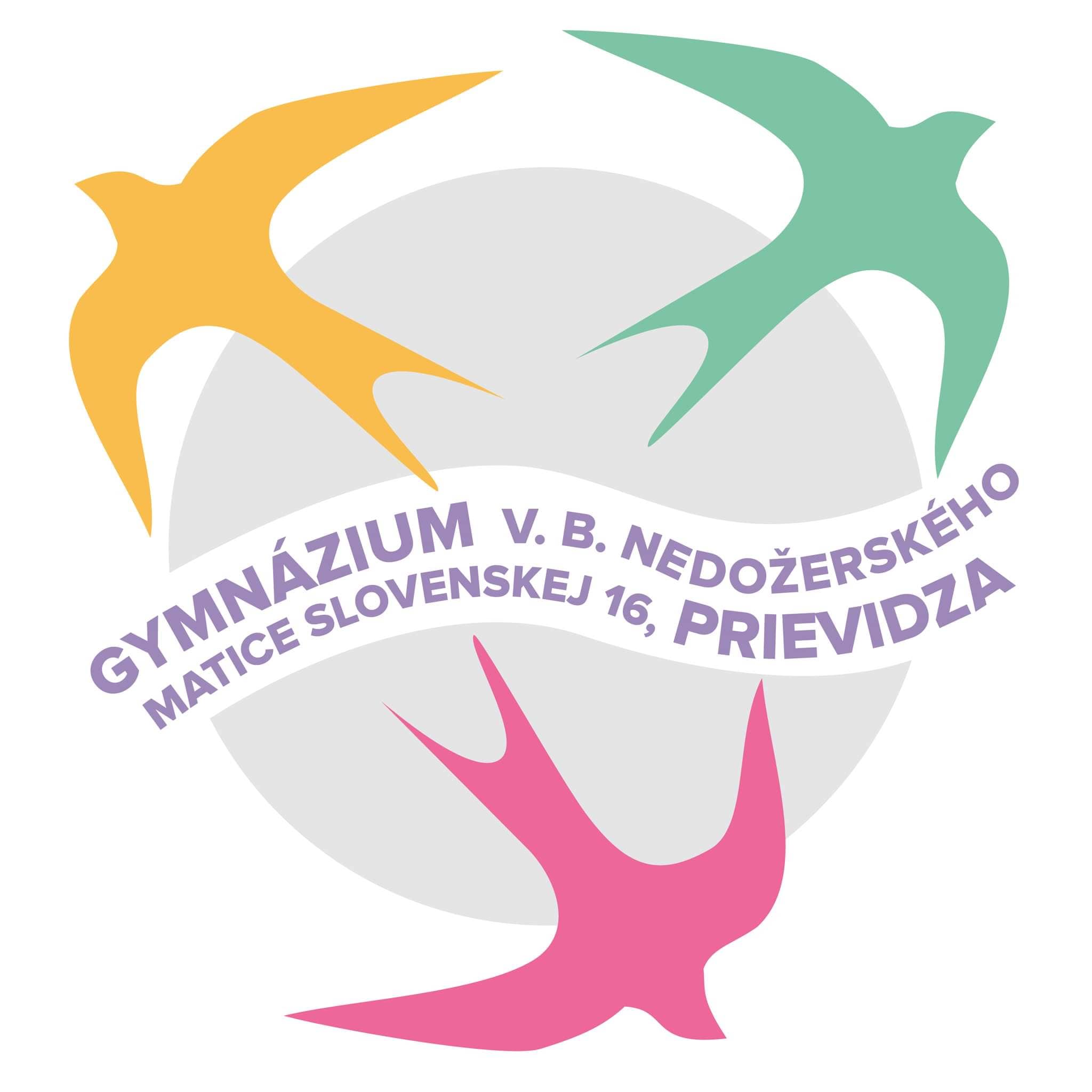Originálne farebné logo GVBN so svetlosivým podkladovým diskom – žltá, zelená a ružová lastovička s fialovým nápisom gymnázia